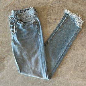 Miss Me Skinny Jeans - Raw Frayed Hem - Button Fly - Light Blue Wash - Size 25